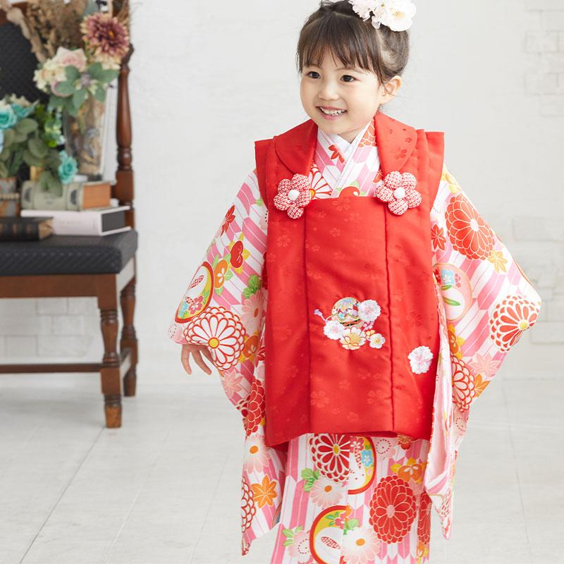 七五三 着物レンタル 3歳 753 女の子 フルセット 被布 赤×白・ピンク