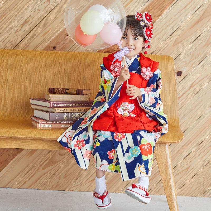 七五三 着物レンタル 3歳 753 女の子 フルセット 被布 赤×紺 矢羽根に