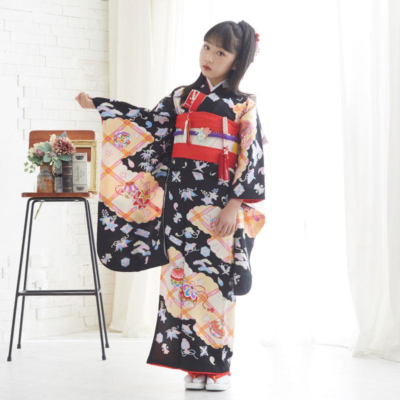 七五三 7歳着物 レンタル フルセット 黒 手鞠に宝尽くし 女の子 七歳