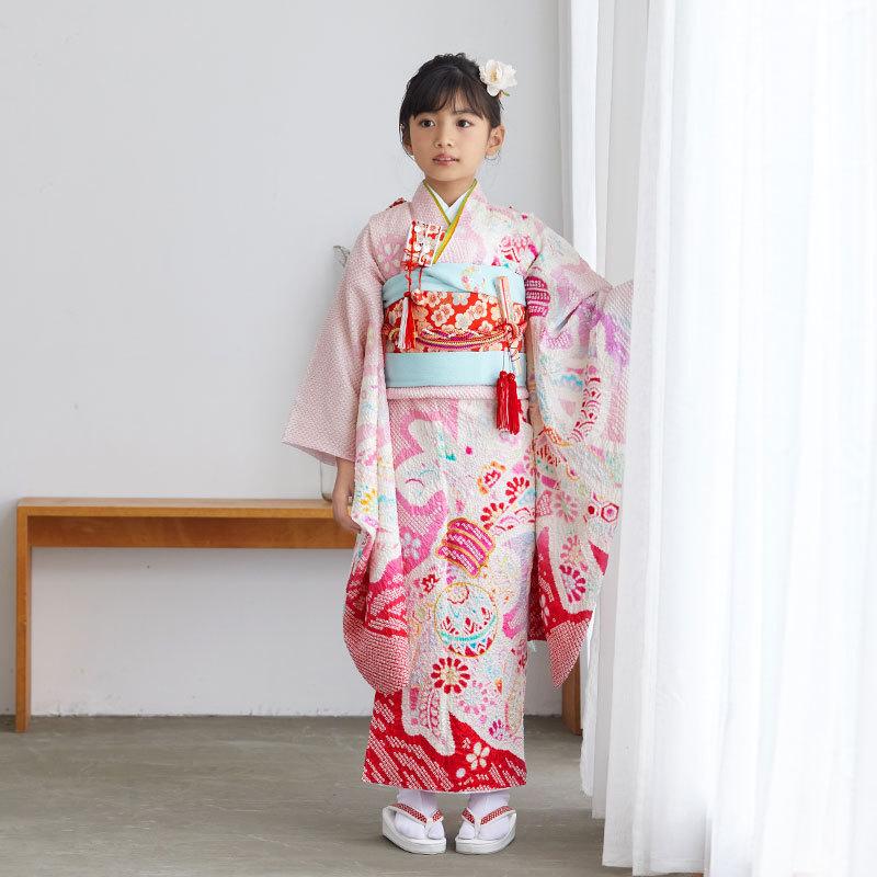 七五三 7歳着物 レンタル フルセット 淡ピンク 総絞り 熨斗束に手毬