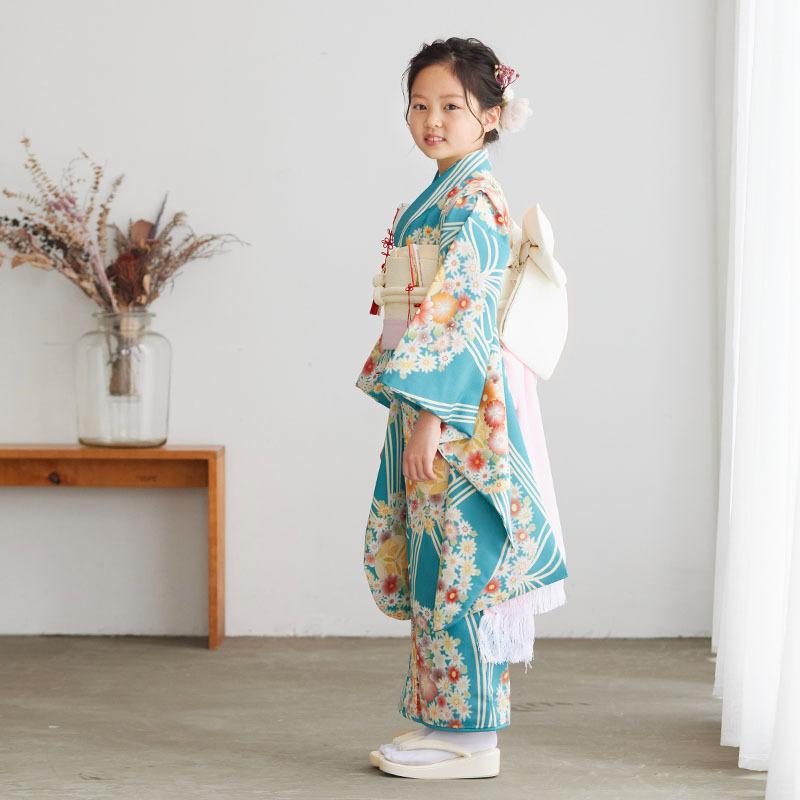 七五三 7歳着物 レンタル フルセット 水色 花薬玉に立湧 女の子 七歳