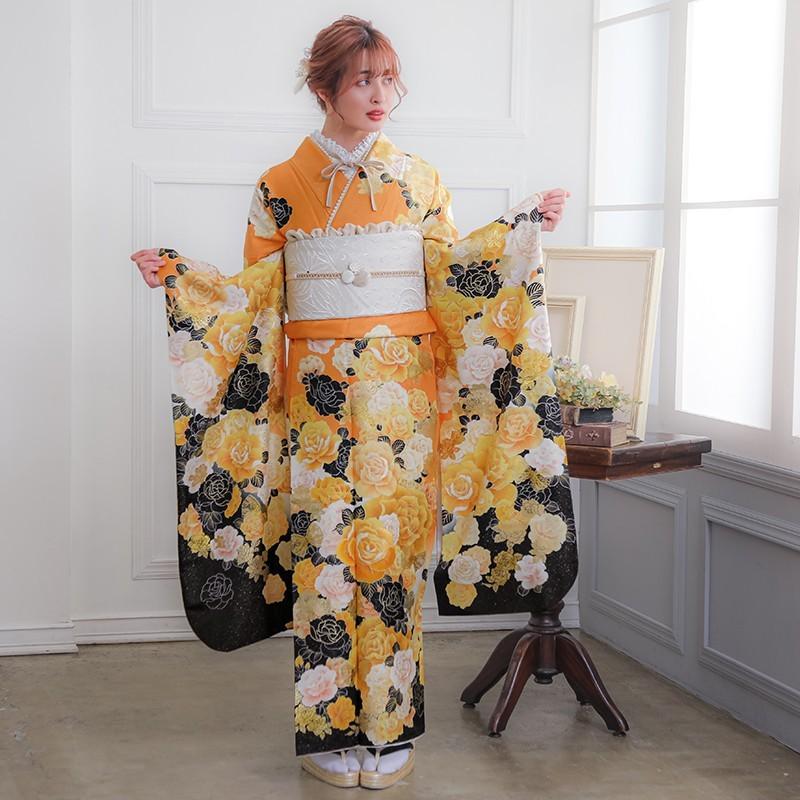 振袖 レンタル 成人式 結婚式 黄 薔薇(絹)12月〜1月利用 対応身長154