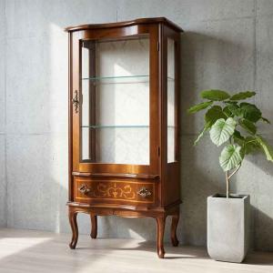 イタリア ブックケース 本棚 茶 象嵌 オープンキャビネット 丸脚 完成