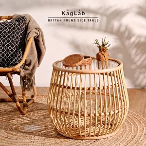 今枝商店 ラタンテーブル 円形 ガラス天板 棚付 籐家具 直径60cm