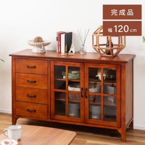 花柄飾りガラス レトロ 木製キャビネット 幅60cm 完成品 無垢 TV台