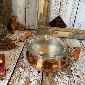 VINTAGE ≫70-80s ヴィンテージ 未使用*古い純銅 槌目 両手鍋21cm