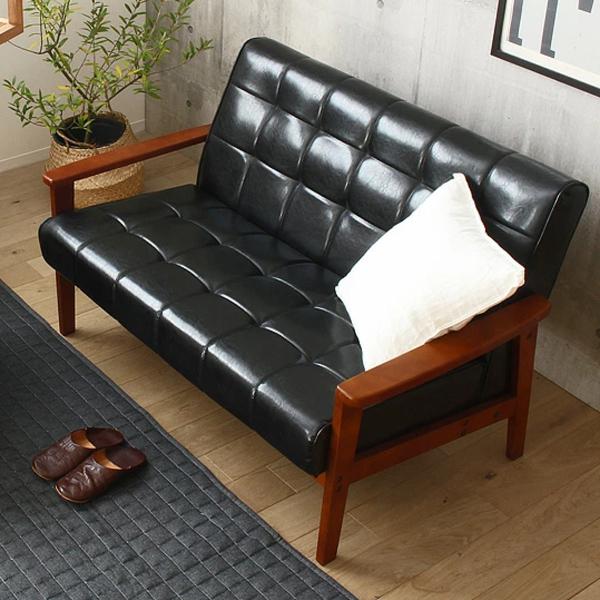 岩附 ソファ 椅子 レトロモダン調 木製フレーム 二人掛け用 合皮製