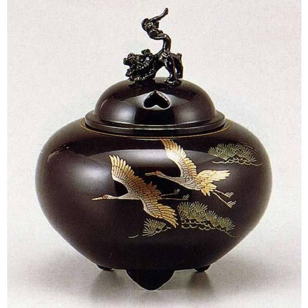 香炉 蒔絵 135-01 平丸獅子蓋 双鶴 床の間 置物 仏具 銅 ブロンズ