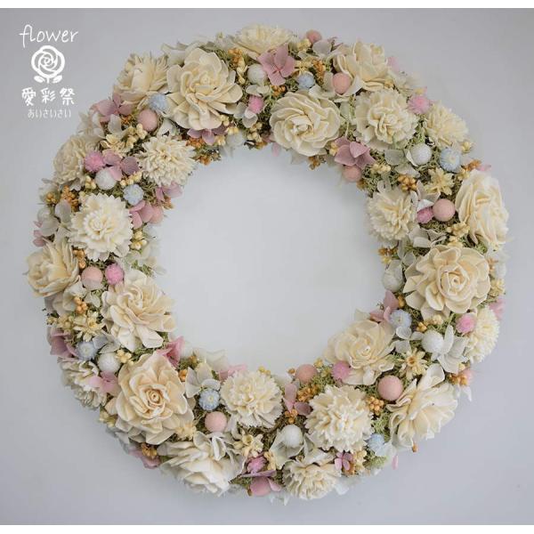 白いお花に淡いピンクとブルーのドライフラワーリース ギフト