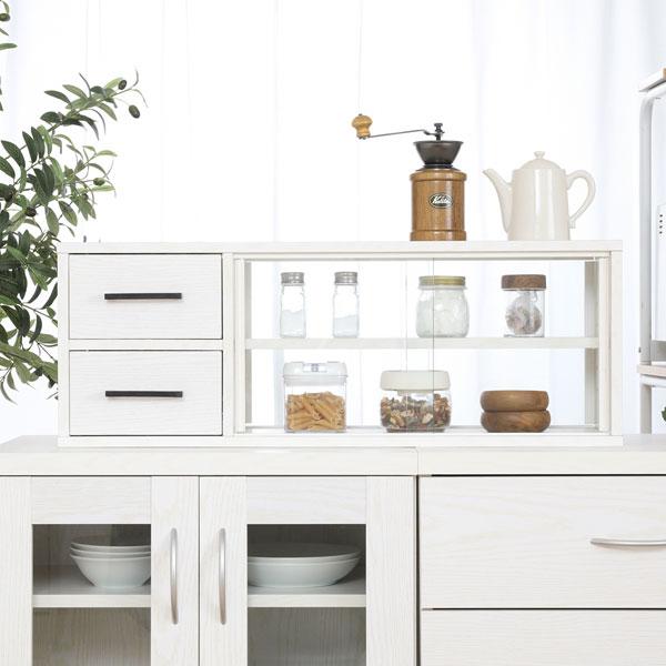 カウンター上収納 食器棚 幅80cm ラック ガラス扉 引き出し ロータイプ