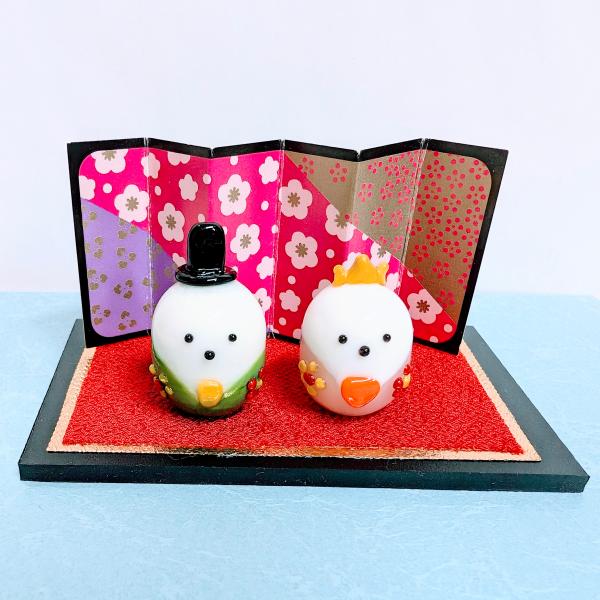 ガラス細工 シマエナガ雛セット（台、びょうぶ付）ミニチュア 雑貨