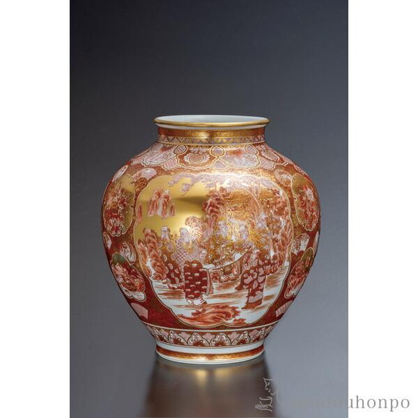 九谷焼 赤絵金彩 赤絵割取 大型 花瓶 花器 華道具