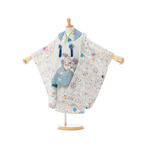 e-h-003 七五三 3歳 男の子 鷹 花うさぎ 被布：青地 グラデ 疋田絞り調