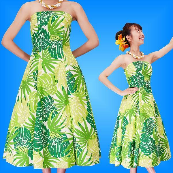 フラダンスムームー ストラップレス ミディ丈ドレス グリーン Fサイズ