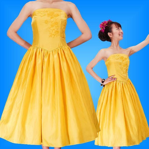 フラダンス ムームー 刺繍バックサテン ミディ丈ドレス イエロー F