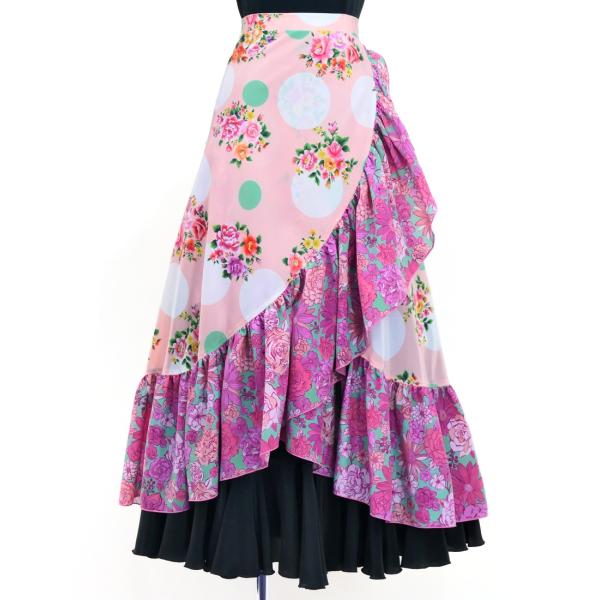 フラメンコ 巻きスカート ローズ×水玉 ピンク×ターコイズブルー F