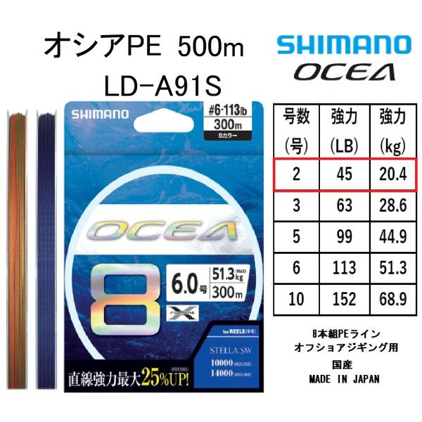 OCEA シマノ/SHIMANO オシア8PE 500m 2号 45Lbs 20.4kg LD-A91S 8本組