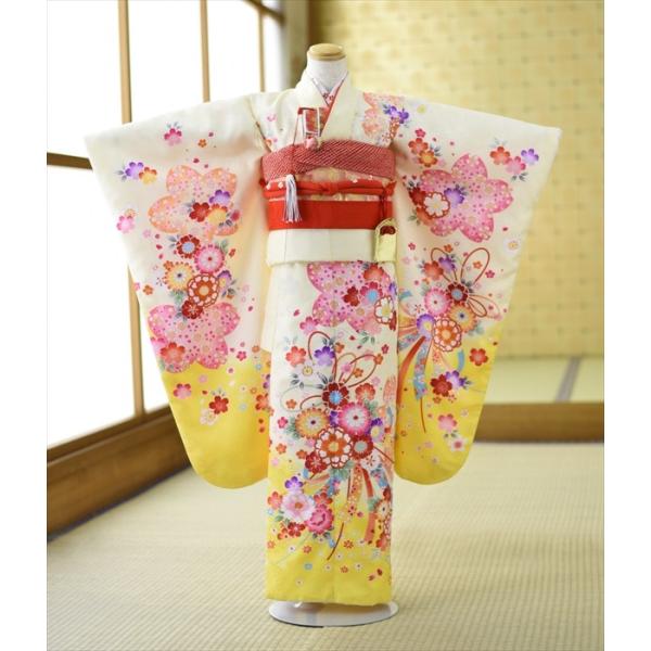 七五三 女の子 着物 レンタル 7歳 クリーム黄ぼかし花ぼんぼり《身長