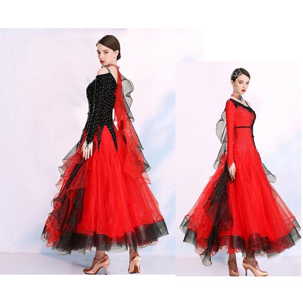 社交ダンス ワンピース モダンドレス 赤 大きいサイズ 長袖 黒 ダンス