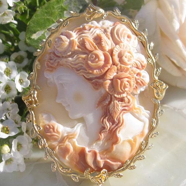 CAMEO（カメオ） Ciro Accanito作 コルネリアン シェルカメオ ツル薔薇