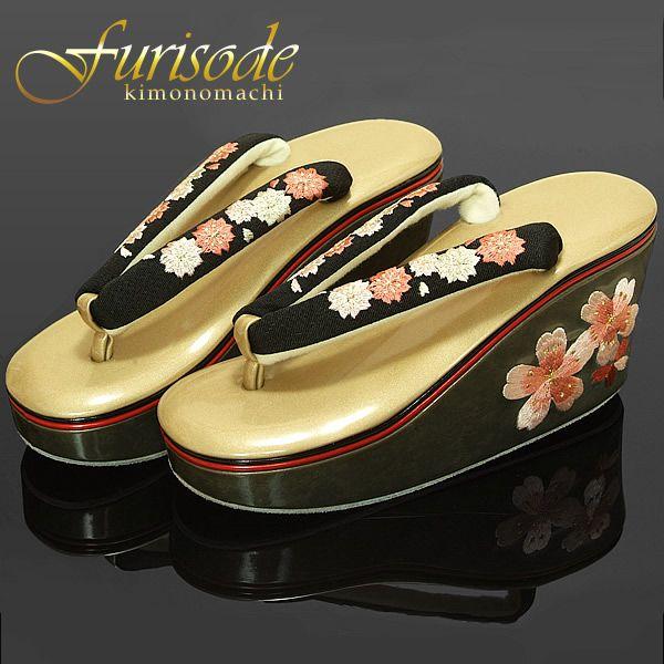 Prices down）成人式 草履 厚底 ヒール草履 振袖「黒×ゴールド 桜」黒