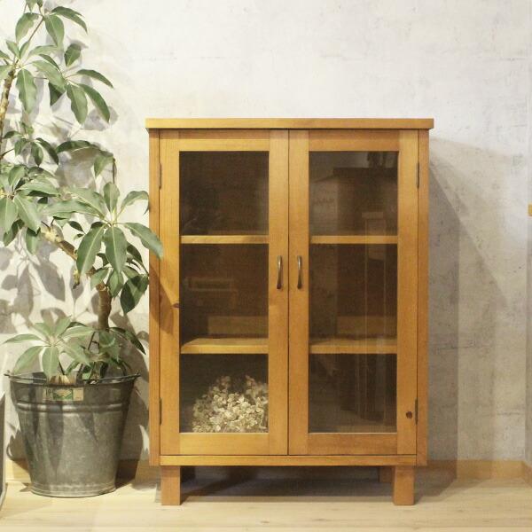 シンプルガラスキャビネット｜パイン材 幅67cm 無垢材 扉 食器棚
