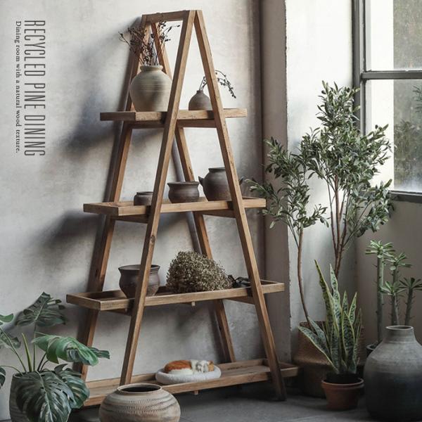 オープンシェルフ 4段 ディスプレイラック 無垢 古木 古材 木製 脚立型