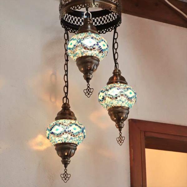 トルコランプ モザイクランプ シャンデリア 3灯 全高86cm 直径32cm