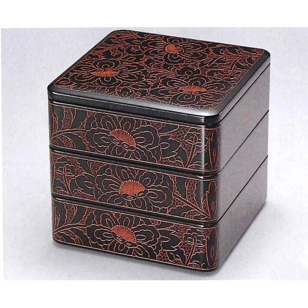 重箱 越前漆器 牡丹彫 漆塗り 三段重箱 19.9cm : おいしい