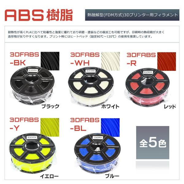 3Dプリンターフィラメント ABS樹脂 1.75mm 5色からお好きなカラーを