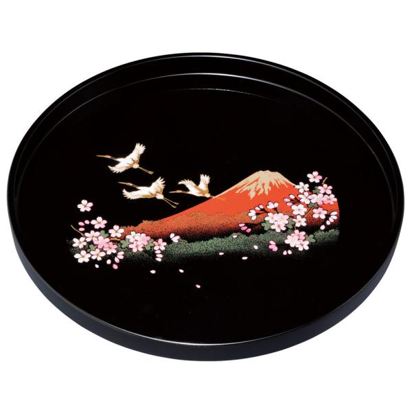 みよし漆器本舗 紀州塗り お盆 トレー 10寸 29.5cm 丸盆 黒 一富士二鶴