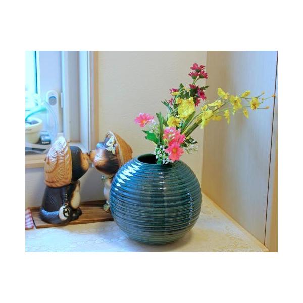 在庫数限り 信楽焼 花瓶 青ガラス 千段 丸 6.5号 おしゃれ 一輪挿し