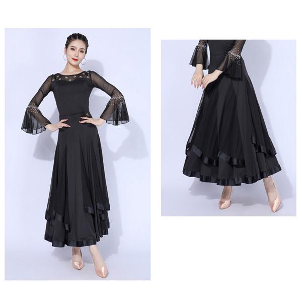 社交ダンス トップス 女性 衣装 長袖 黒 ブラック フリル 上着 競技着