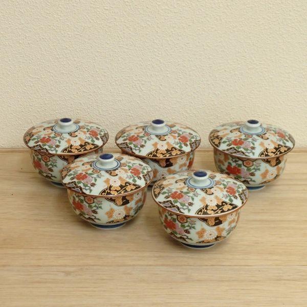 湯飲み 蓋付き湯呑み茶碗 5客セット 亀甲岩牡丹 湯呑み おしゃれ 業務