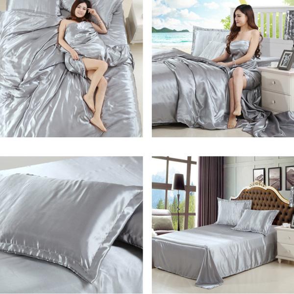 ソリッドカラーサテンシルク寝具の掛け布団カバーセット、クイーン