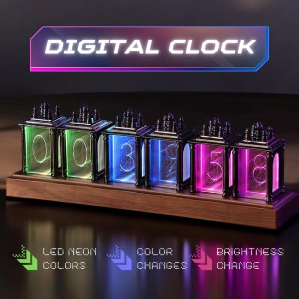 LED ニキシー管風 デジタル時計 置き時計 卓上時計 ネオン 虹
