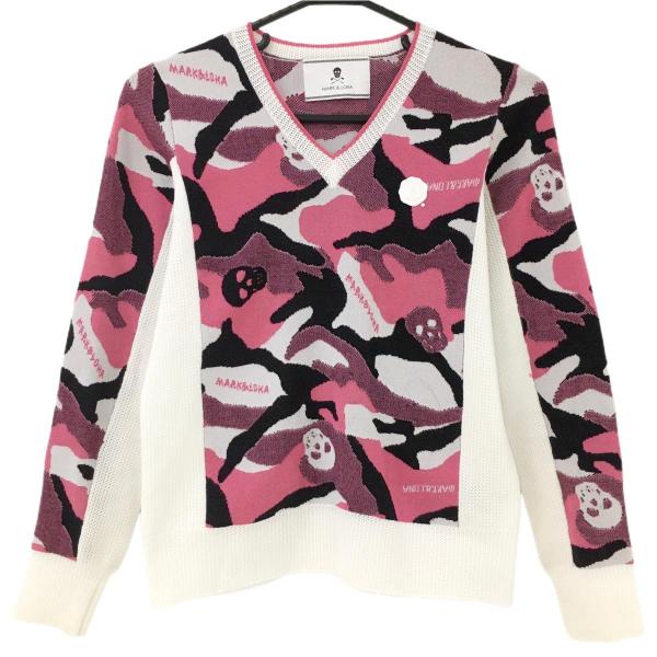 マークアンドロナ セーター ピンク×白 迷彩 カモフラ 透かし編み