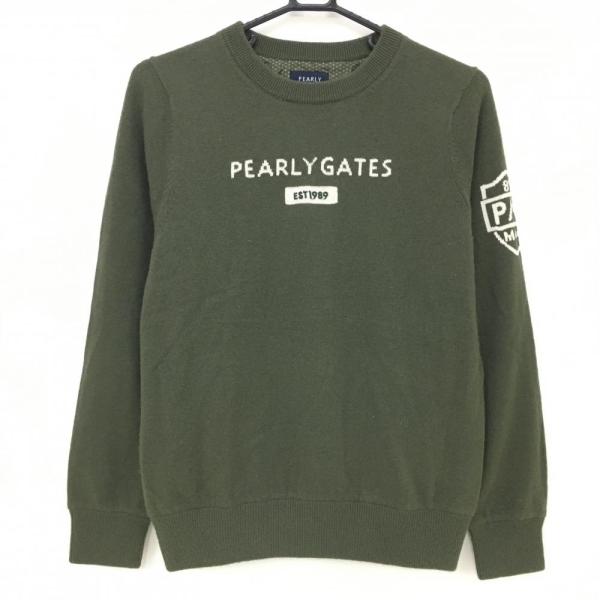 美品】パーリーゲイツ 裏地付きセーター カーキ×白 カシミヤ ニット