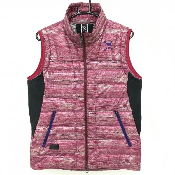 美品】オークリー ダウンベスト ボルドー×ベージュ 総柄 スカル