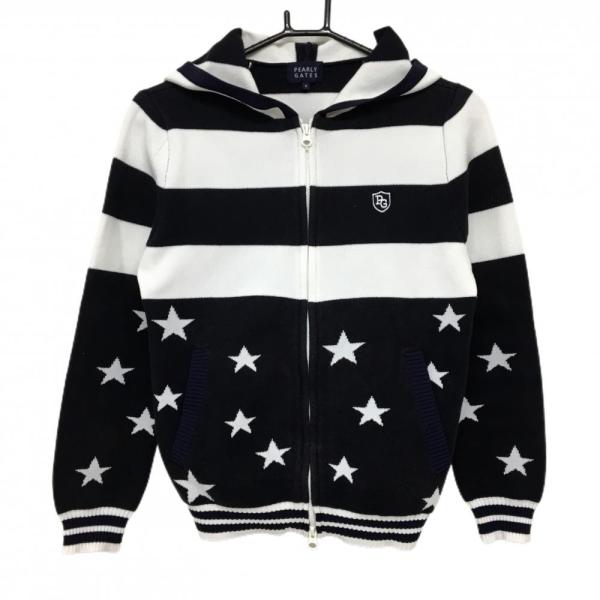 パーリーゲイツ ニットジップパーカー 白×ネイビー ボーダー 星柄