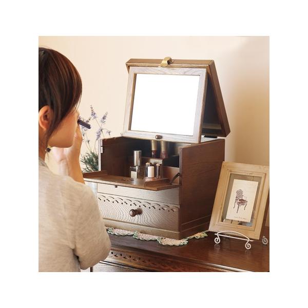 メイクボックス コスメティック 木製 鏡 ナチュラルウッド 縦型 コスメ