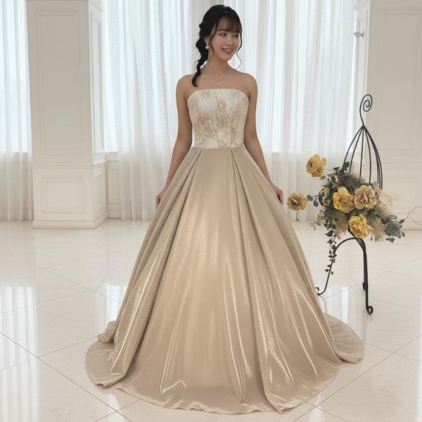 カラードレス 演奏会 発表会 舞台衣装 ベージュ 光沢 ロングドレス
