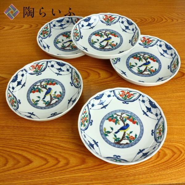 九谷焼 6号皿揃 染付瓔珞紋花鳥 / 青郊窯 和食器 皿 取り皿 人気
