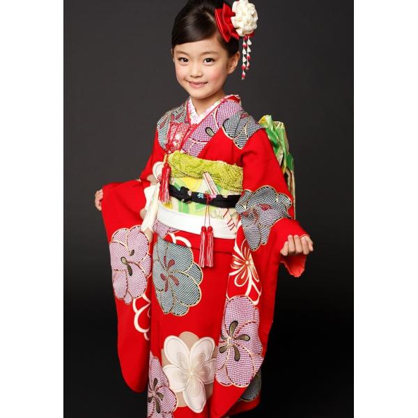 紅一点 7歳用着物 正絹 赤ねじり梅 7歳児用 女の子 単品 子供ブランド