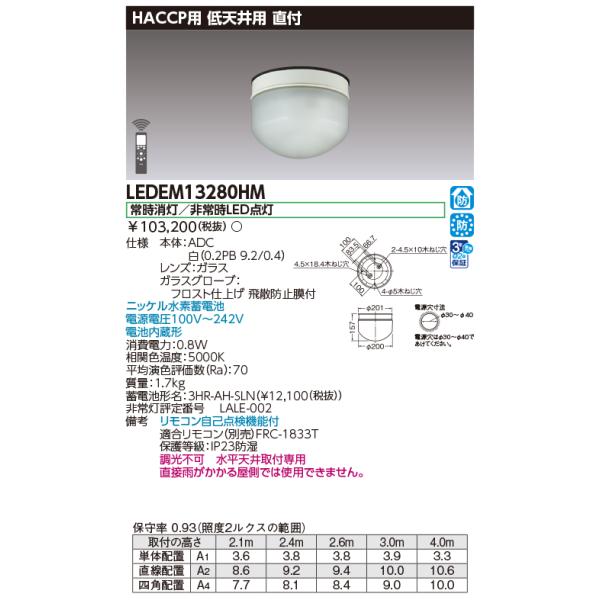 TOSHIBA（東芝） LEDEM13280HM 直付HACCP低天LED非常灯専用形