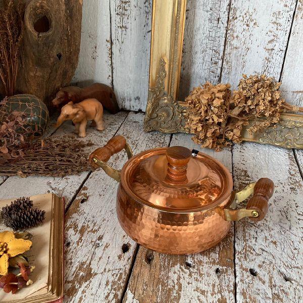 ≫70-80s ヴィンテージ 未使用*Shimamoto*槌目 純銅 両手鍋 16cm 1.2L