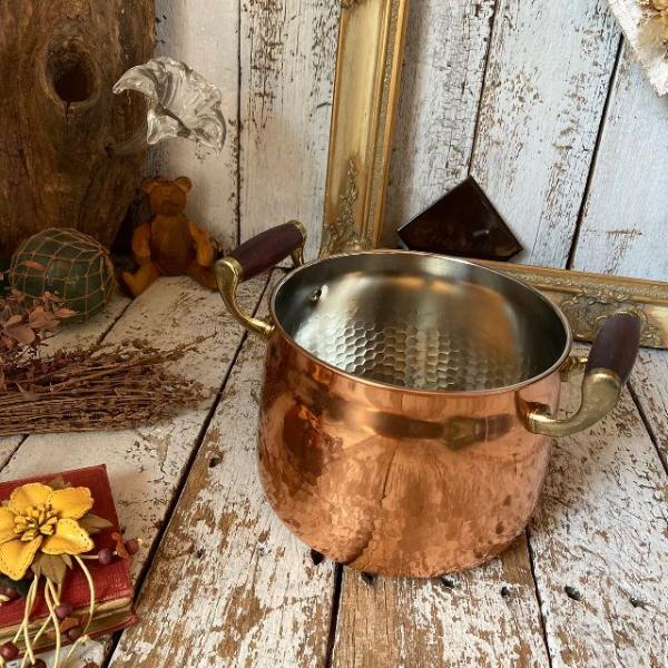 ヴィンテージ 未使用*Solid Copper*槌目 両手鍋 20cm*ウッド 木の
