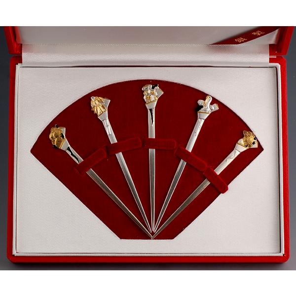 銀製品・菓子切・和楊枝「松竹梅鶴亀」5本セット : 銀食器・銀製器の