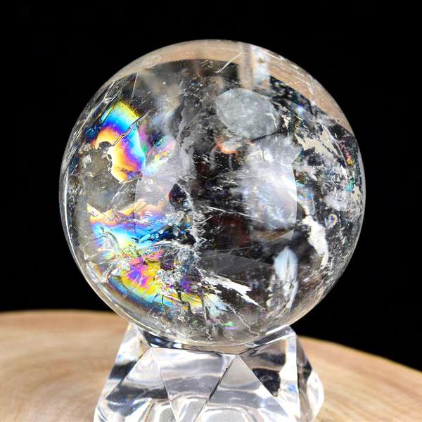 レインボー水晶 丸玉 アイリスクォーツ 天然水晶 現物画像 台座付