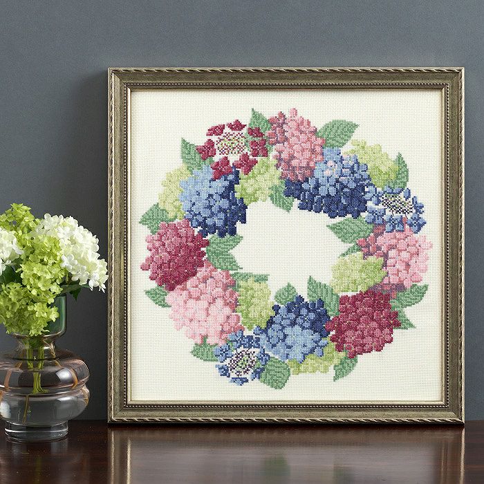 クロスステッチフレーム＜あじさいリース＞ | リバティ 生地、編み物